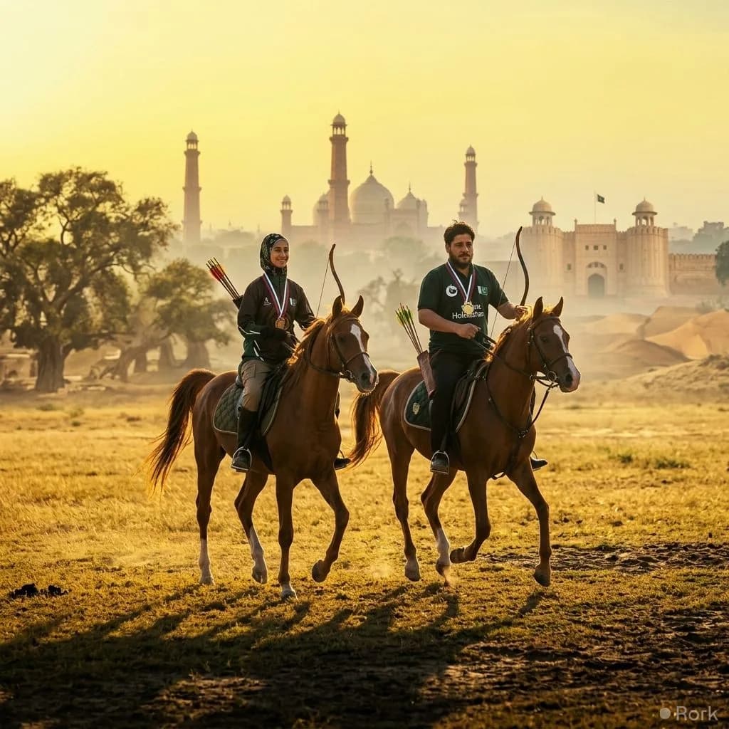 AI-generated illustration: Father-Daughter Duo Makes History in International Horseback Archery Championship