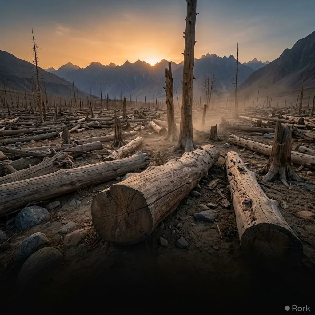 AI-generated illustration: KP Timber Waste: $38 Million Worth of Timber Unsold for 16 Years KP Govt Failure to Dispose Timber Exposed Timber Worth