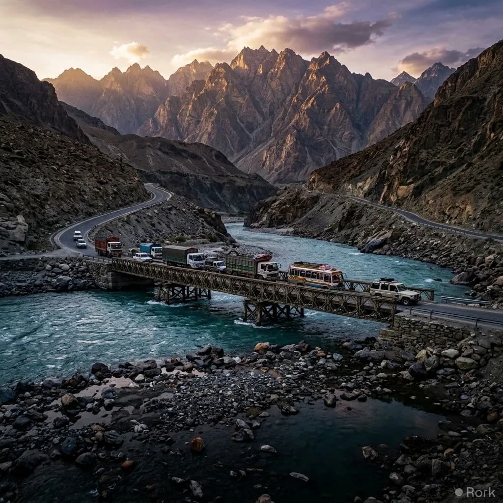 AI-generated illustration: Jaglot-Skardu Road Reopens for All Traffic After Flood Closure